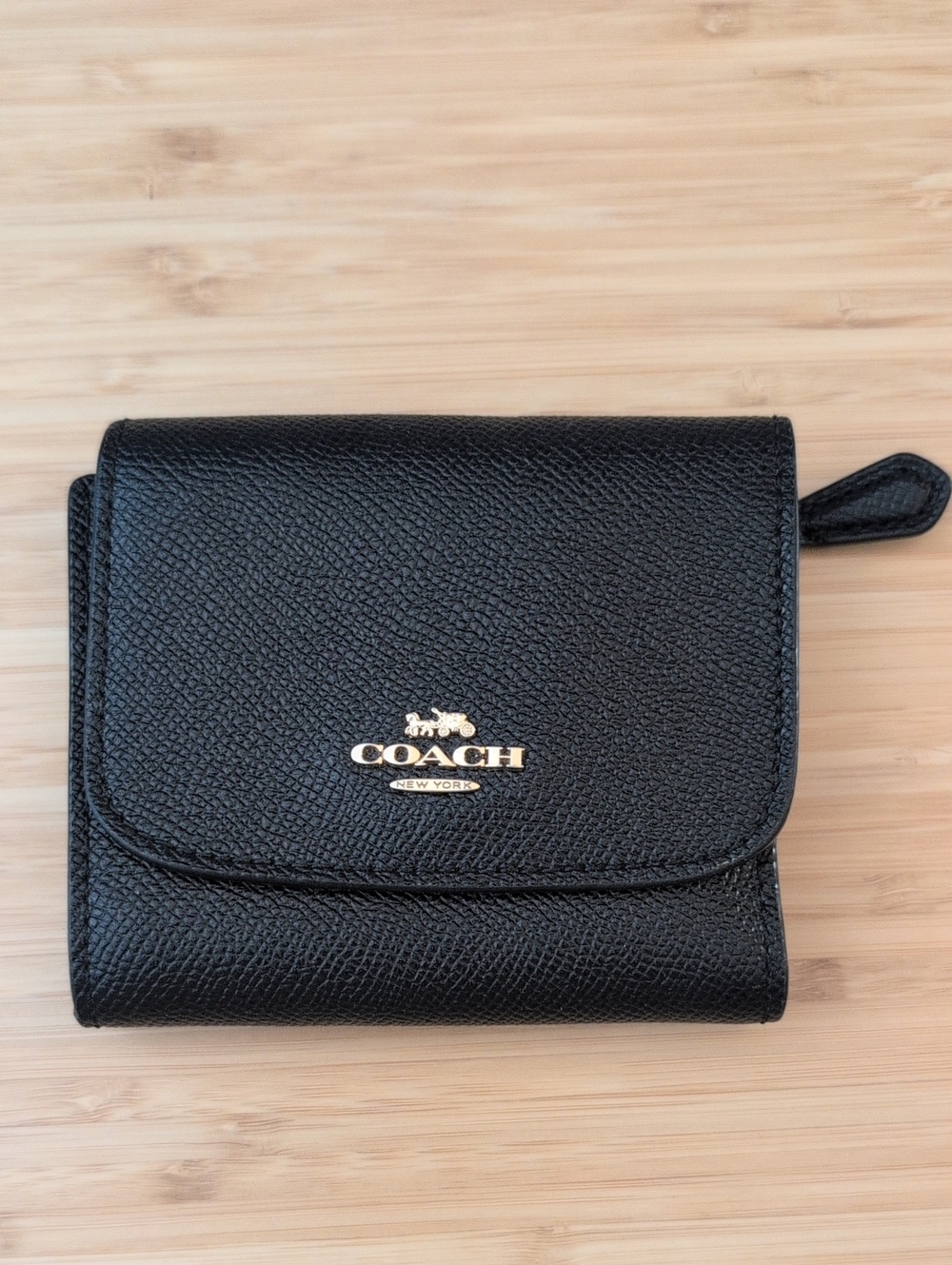 COACH Black Pebbled Leather Compact Card Holder with Gold Logo